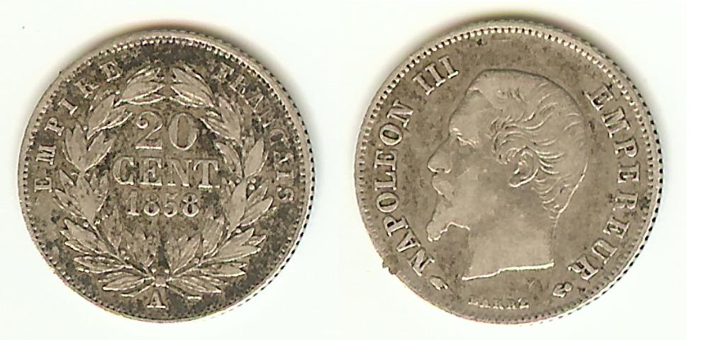 20 centimes Napoléon III 1858A Paris(rare) aEF